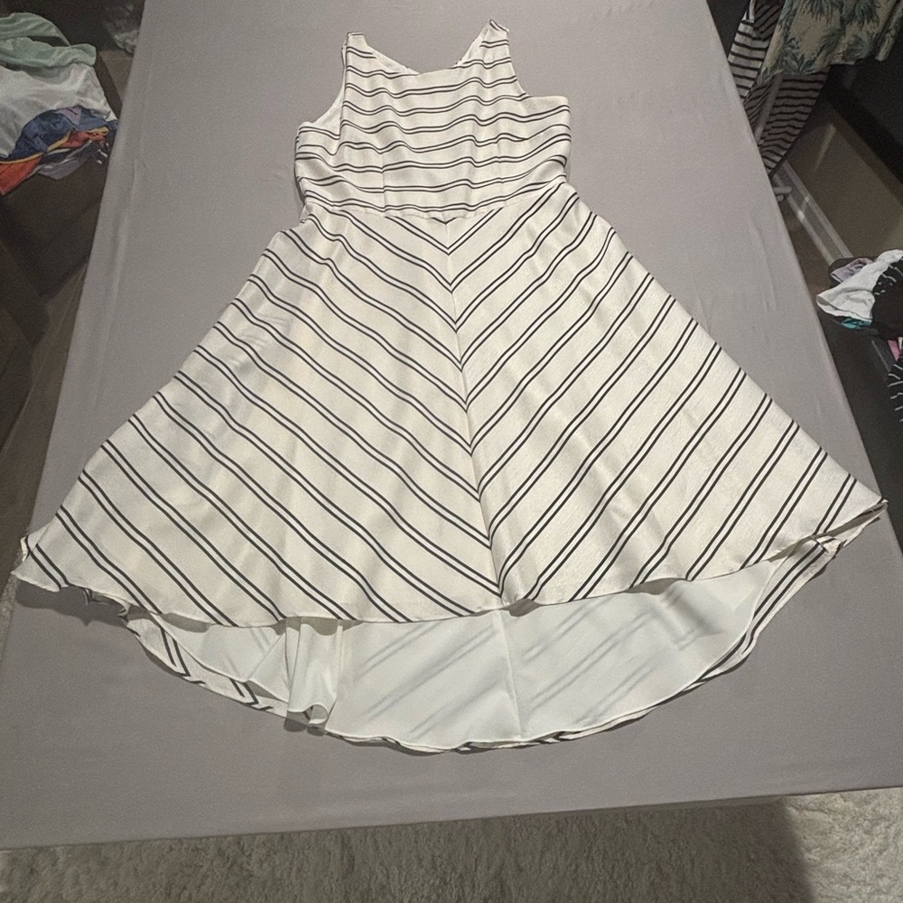 Alex Marie Striped Dress Size 12 Blue White Fit & Flare Sleeveless Hi-Low Hem